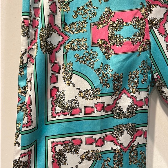 Pretty Little Thing Colorful Teal Pink Patterned Wide-Leg Pants new w tag 6 - Picture 3 of 7